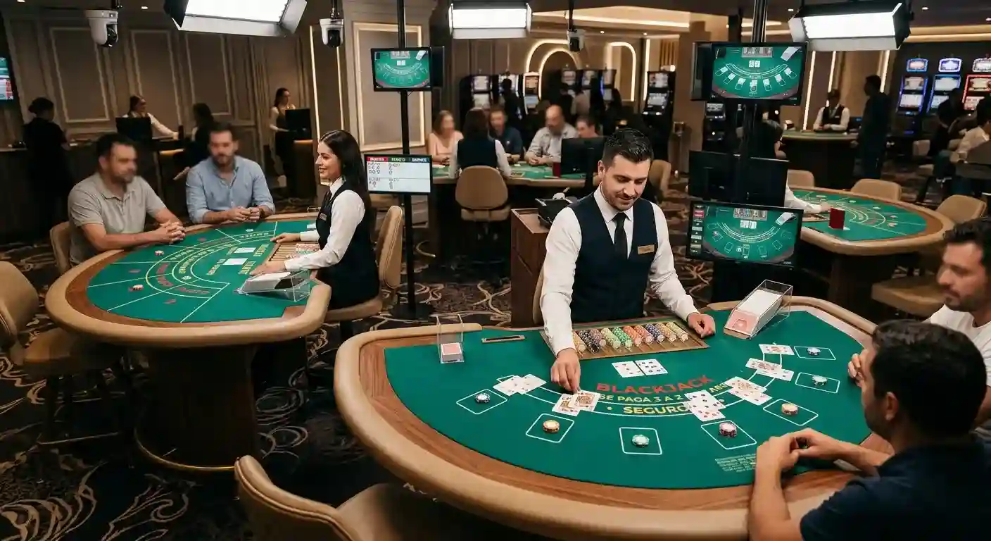 Cartas de blackjack y baccarat sobre una mesa de casino en vivo