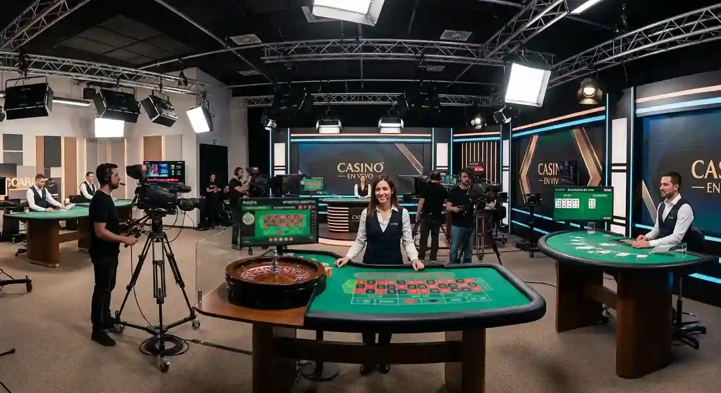 Estudio de casino en vivo con cámaras y mesa vista desde varios ángulos