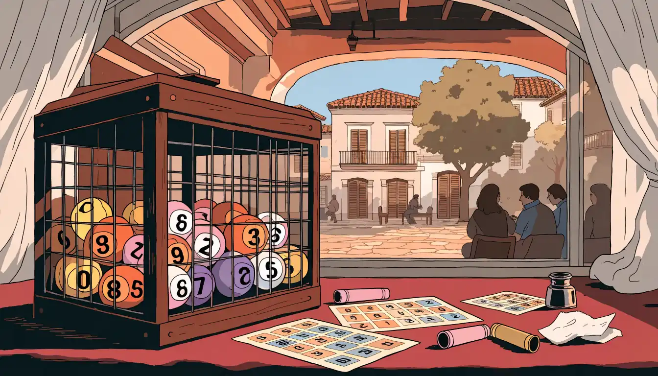 Ilustración de una sala de bingo española con bombo y cartones junto a una plaza al atardecer.