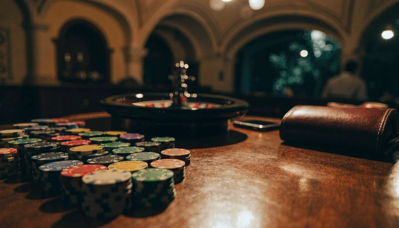 Mesa de casino con fichas de colores y ruleta bajo luz cálida