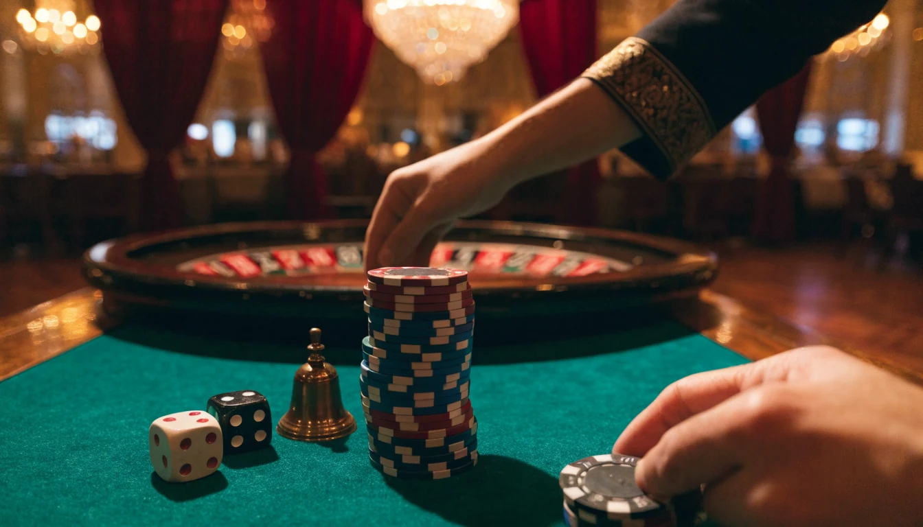Mesa de casino español con fichas de póker, dados y campana bajo luz dorada.