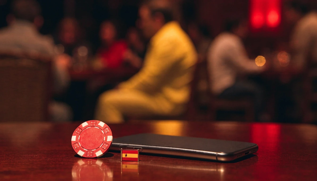 Teléfono móvil junto a una ficha de casino en un salón español con luz tenue
