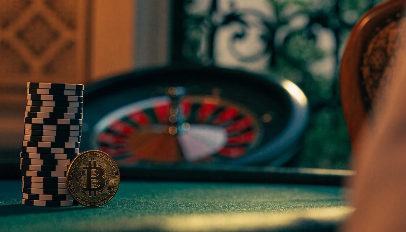 Mesa de casino con fichas, ruleta y moneda Bitcoin Cash