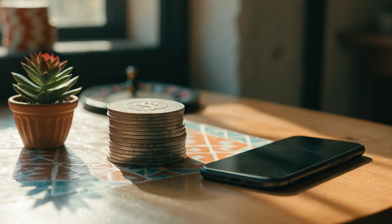 Mesa mediterránea con fichas de casino, ruleta y fichas USDC junto a un smartphone