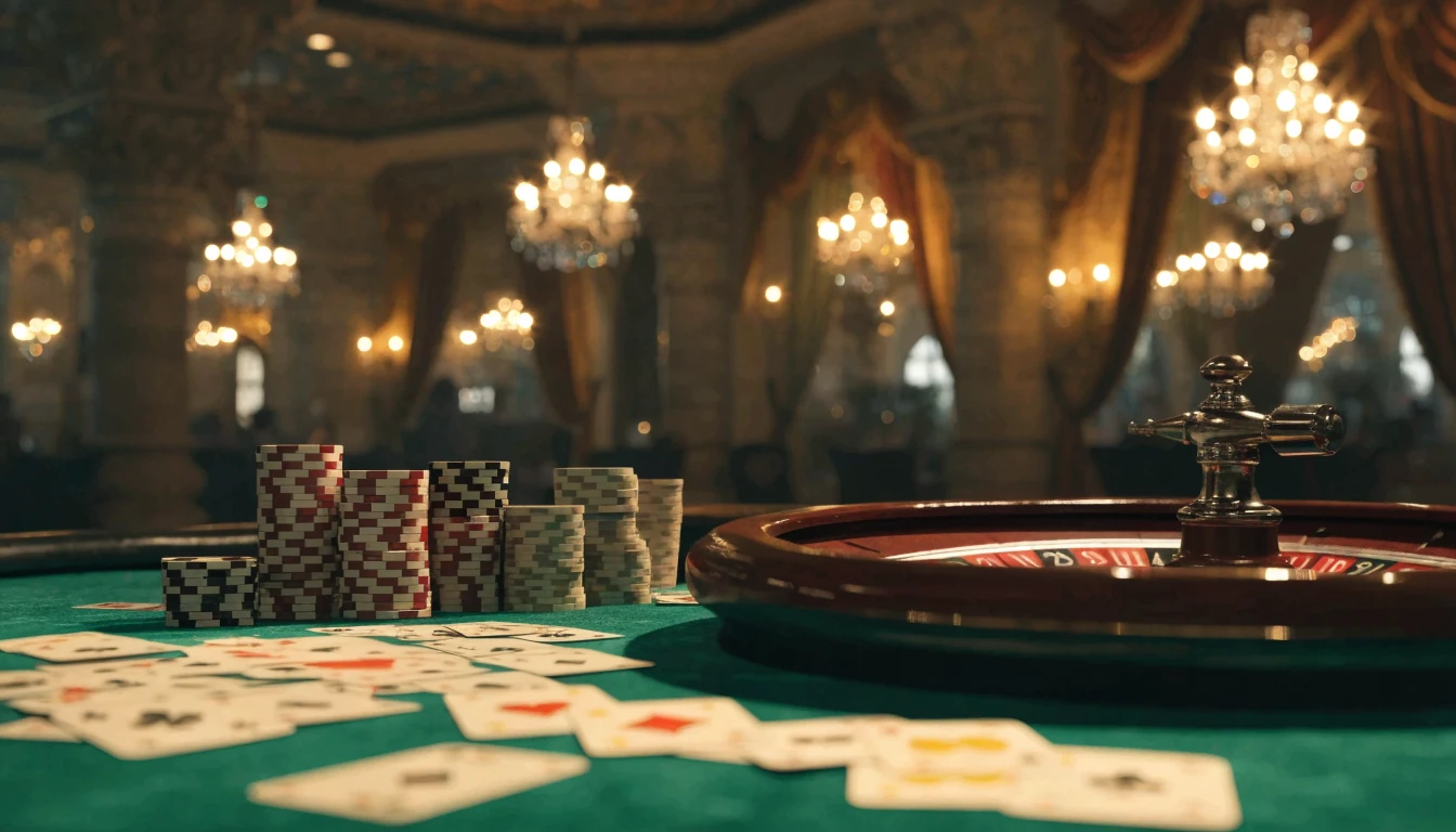 Elegante mesa de casino español con fichas, ruleta y cartas bajo luces doradas