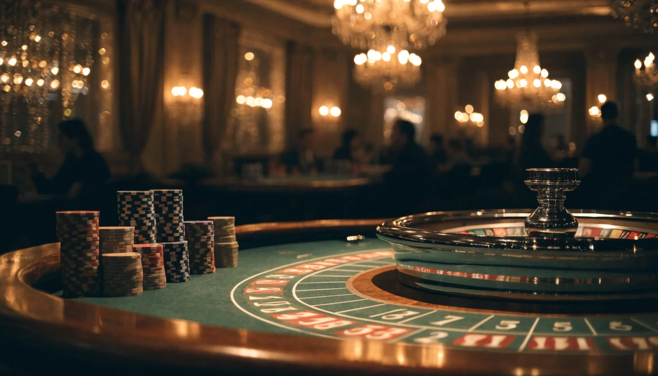 Mesa de ruleta con fichas en un elegante casino español