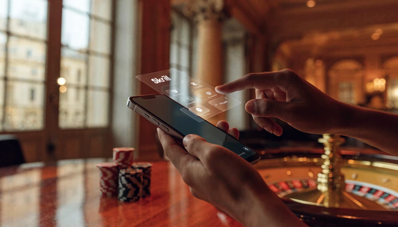 Mano con smartphone y monedero digital Skrill junto a fichas de casino en salón español elegante