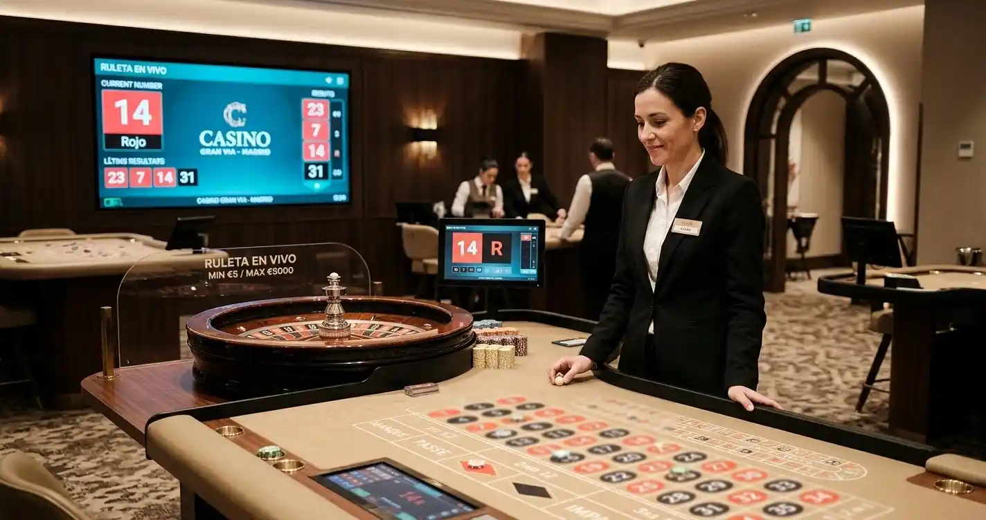 Mesa de casino en vivo con ruleta y crupier en un estudio español