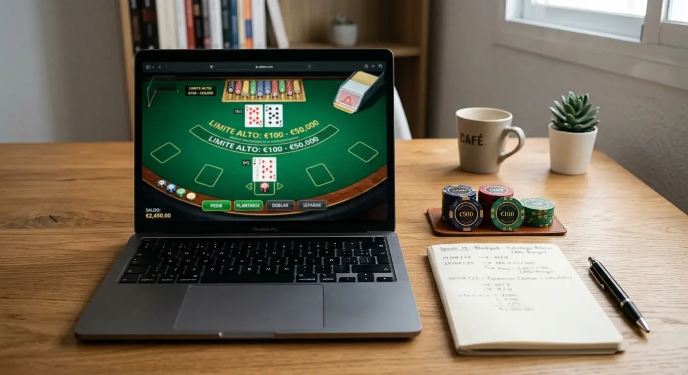 Notas de presupuesto junto a una pantalla de mesa de casino sin marcas