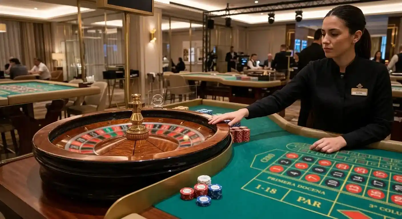 Crupier y rueda europea en una mesa de ruleta retransmitida